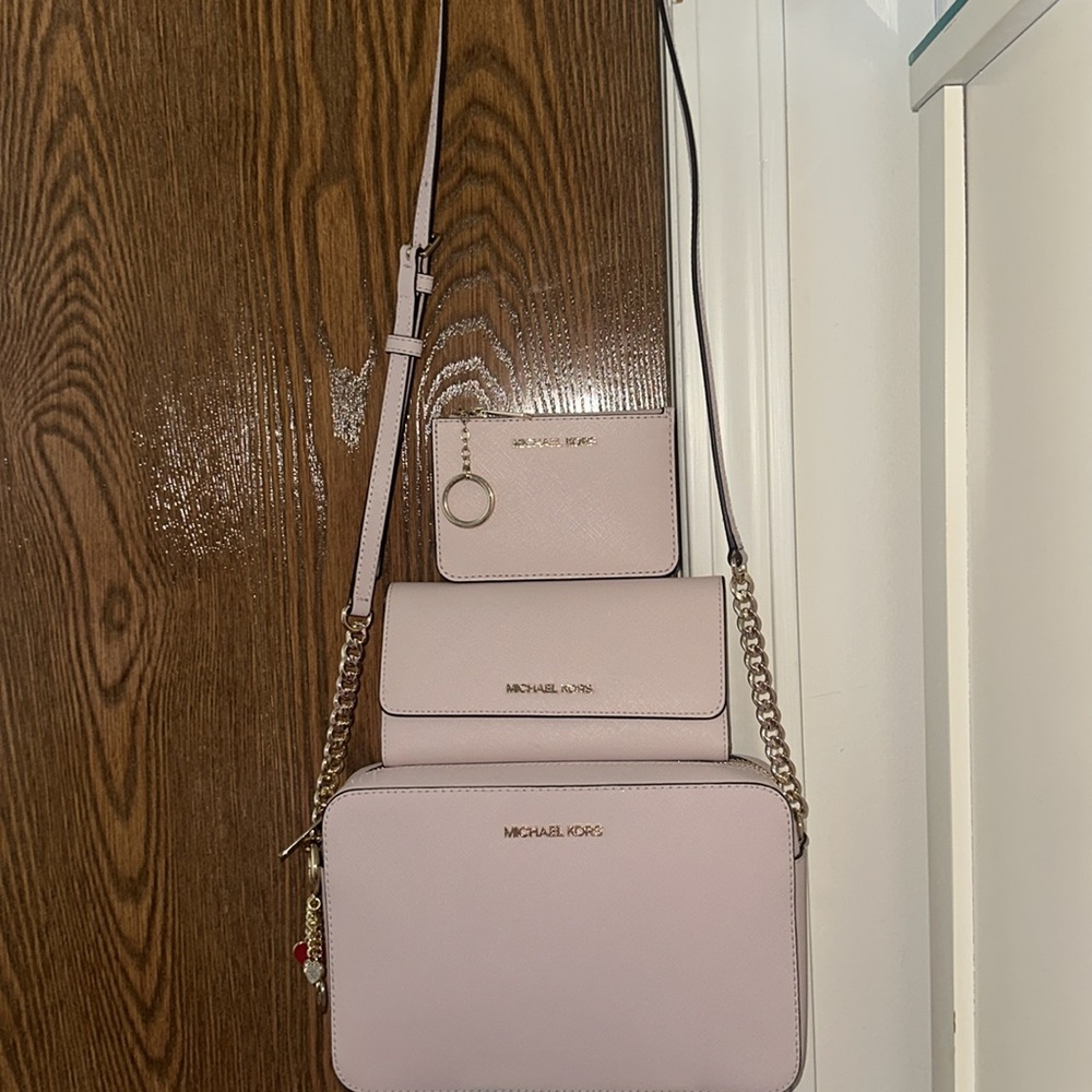 Michael Kors Set Blush Pink Crossbody Bag Wallet Keyholder Keychain - Picture 3 of 14